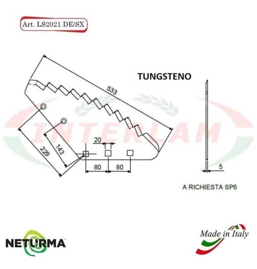 LS2021SX - TUNGSTEN - Left - Knife for mixer wagon UNIFEED - Vertical - Toothed - FARESIN - (5 Pz.)